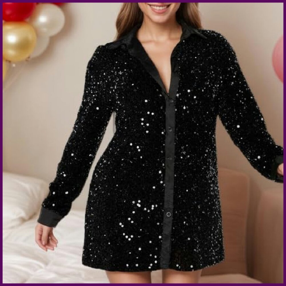 Plus Size Sequin Button Down Shirt Flannel Blouse… - image 4
